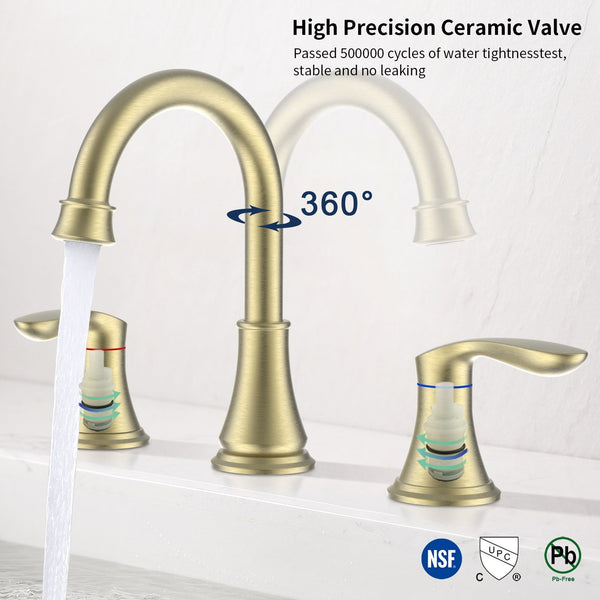 English Elm 2-Handle Brushed Gold Widespread Bathroom Sink Faucet With 360° Swivel Spout For Elegant Style T3177P277513