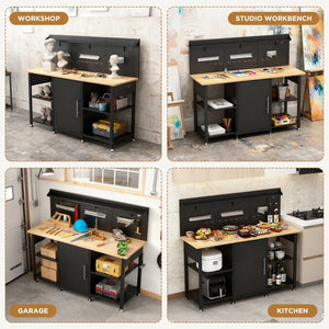 English Elm 60 Inch Garage Workbench Solid Wood Top Steel Frame with Cabinet Pegboard and Power Outlet W3190P410167