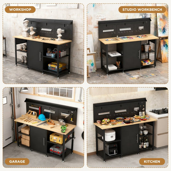 English Elm 60 Inch Garage Workbench Solid Wood Top Steel Frame with Cabinet Pegboard and Power Outlet W3190P410167