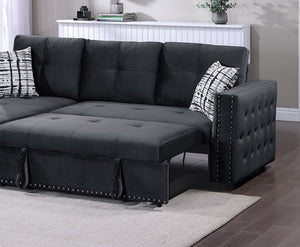 English Elm Black Velvet Convertible Sectional Sofa with Pull-Out Bed, Reversible Storage Chaise, Tufted Elegance B011S01023