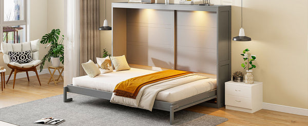 English Elm Queen Murphy Wall Bed with Led Lighting Modern Cabinet Style for Small Spaces LP000973AAE