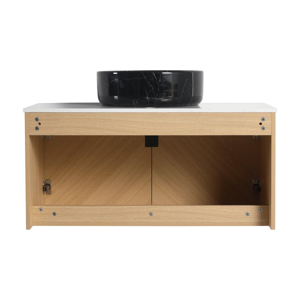 English Elm 36" Modern Wall-Mounted Bathroom Vanity With Ceramic Vessel Sink & Soft-Close Doors, Light Oak Finish W999S00452