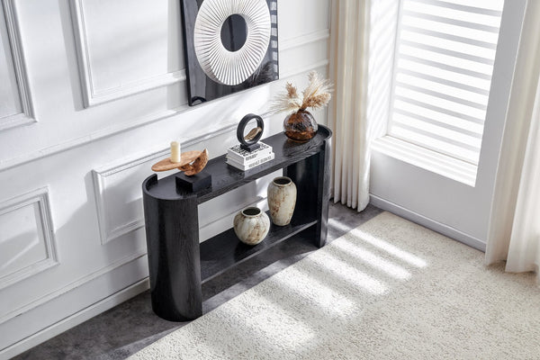 English Elm Double-layer Matte Black Console Table Curved Shelf Minimalist Entryway Sofa Side W3875P388012
