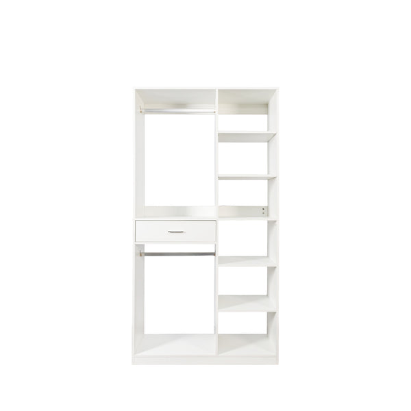 English Elm Freestanding 40" Closet System with 6 Open Shelves, 2 Hanging Rods & Wood Drawer — White Storage Wardrobe W331P280699