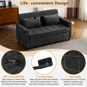English Elm 56.9" Loveseat Sofa Bed with Chenille Upholstery, USB Ports, Phone Holder, Side Pockets, Reclining Backrest Black N719P208853B