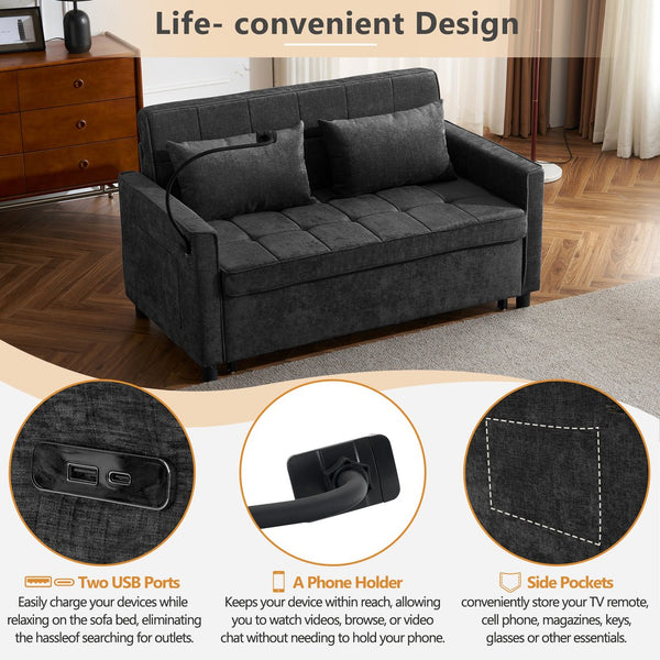 English Elm 56.9" Loveseat Sofa Bed with Chenille Upholstery, USB Ports, Phone Holder, Side Pockets, Reclining Backrest Black N719P208853B