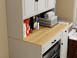 English Elm Over Washer Dryer Laundry Cabinet with Basket Drawer Adjustable Shelves Antique White W1120P338184
