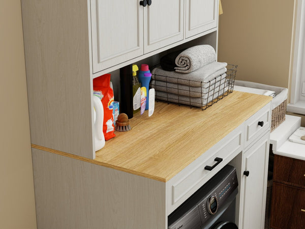 English Elm Over Washer Dryer Laundry Cabinet with Basket Drawer Adjustable Shelves Antique White W1120P338184