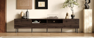 English Elm 78 Inch Walnut Media Console with Slatted Doors Iron Legs and Cable Management N710P373591Q