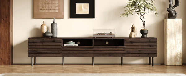 English Elm 78 Inch Walnut Media Console with Slatted Doors Iron Legs and Cable Management N710P373591Q