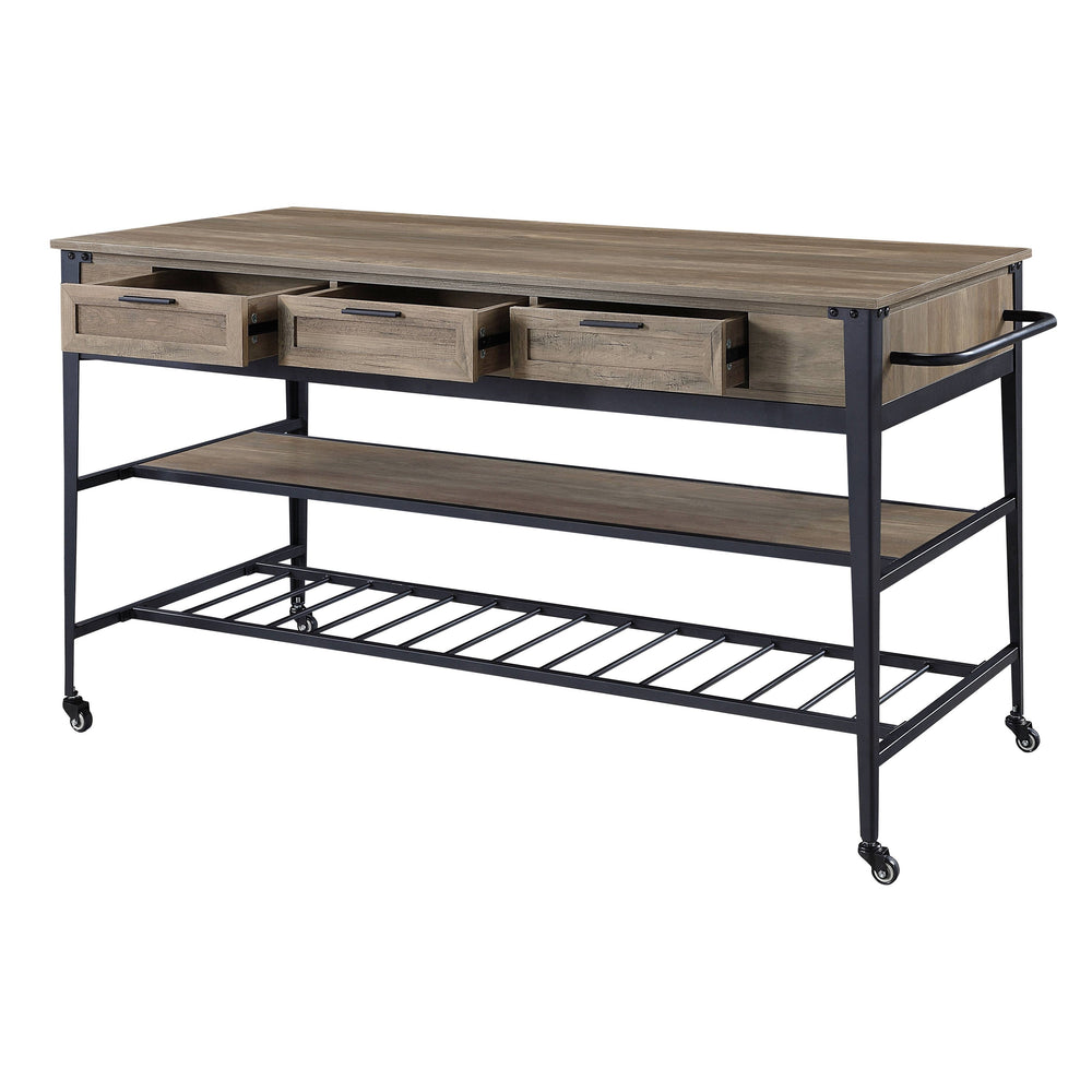 English Elm Macaria Rustic Oak Kitchen Island with Black Metal Base, 3 Drawers, 2-Tier Shelves & Wheels B2726P292333
