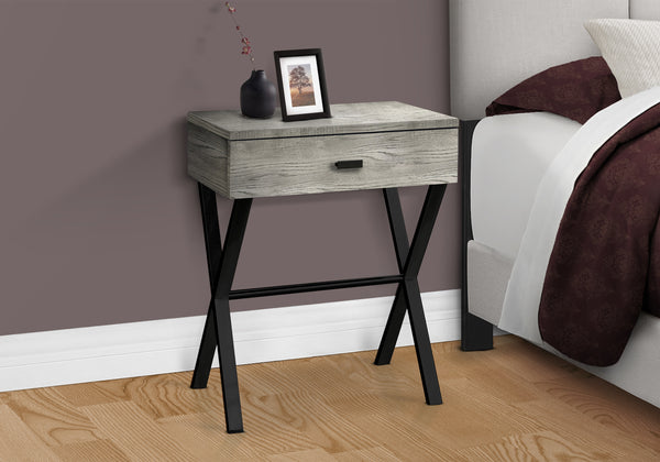 English Elm Accent Table Rustic Wood-Look End Table with Black Metal X Base, Nightstand with Drawer for Living Room Grey 22 L x 14 W x 7 H B2710P219288