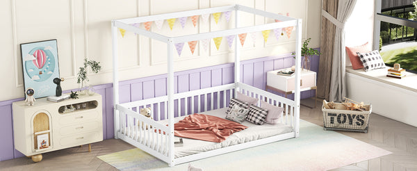 English Elm Full Full Size Canopy Frame Rubber Wood Floor Bed with Fence Guardrails White – Imaginative Kids Retreat, 400 lb Capacity, Malaysian Craftsmanship W504P364861