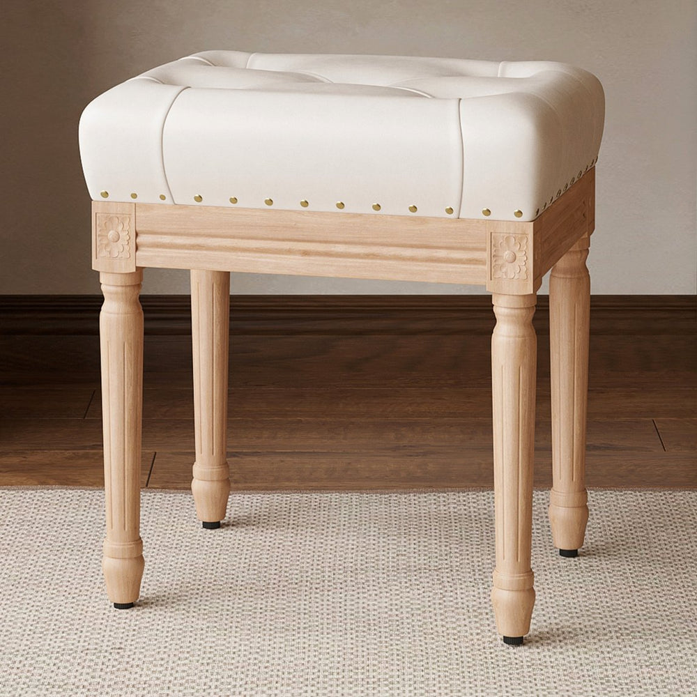 English Elm Vanity Ivory Tufted Ottoman Stool with Nailhead Trim & Carved Wood Legs — Faux Leather Bench, 300LB Capacity T3623P381007
