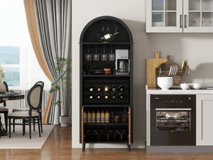 English Elm 71"Farmhouse Arched Wine Bar Cabinet with 15 Bottle Racks, 16 Glass Holders, Anti-Tip Safety for Living/Dining Black+Natural W2977P338242