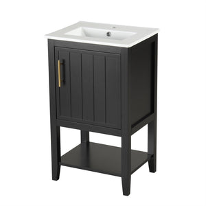 English Elm 20" Matte Freestanding Bathroom Vanity Rubberwood Cabinet Ceramic Sink Open Shelf Black N725P391115B