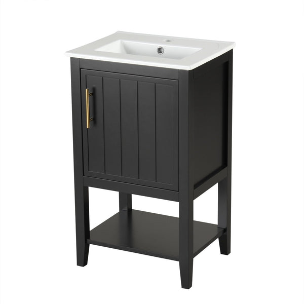 English Elm 20" Matte Freestanding Bathroom Vanity Rubberwood Cabinet Ceramic Sink Open Shelf Black N725P391115B