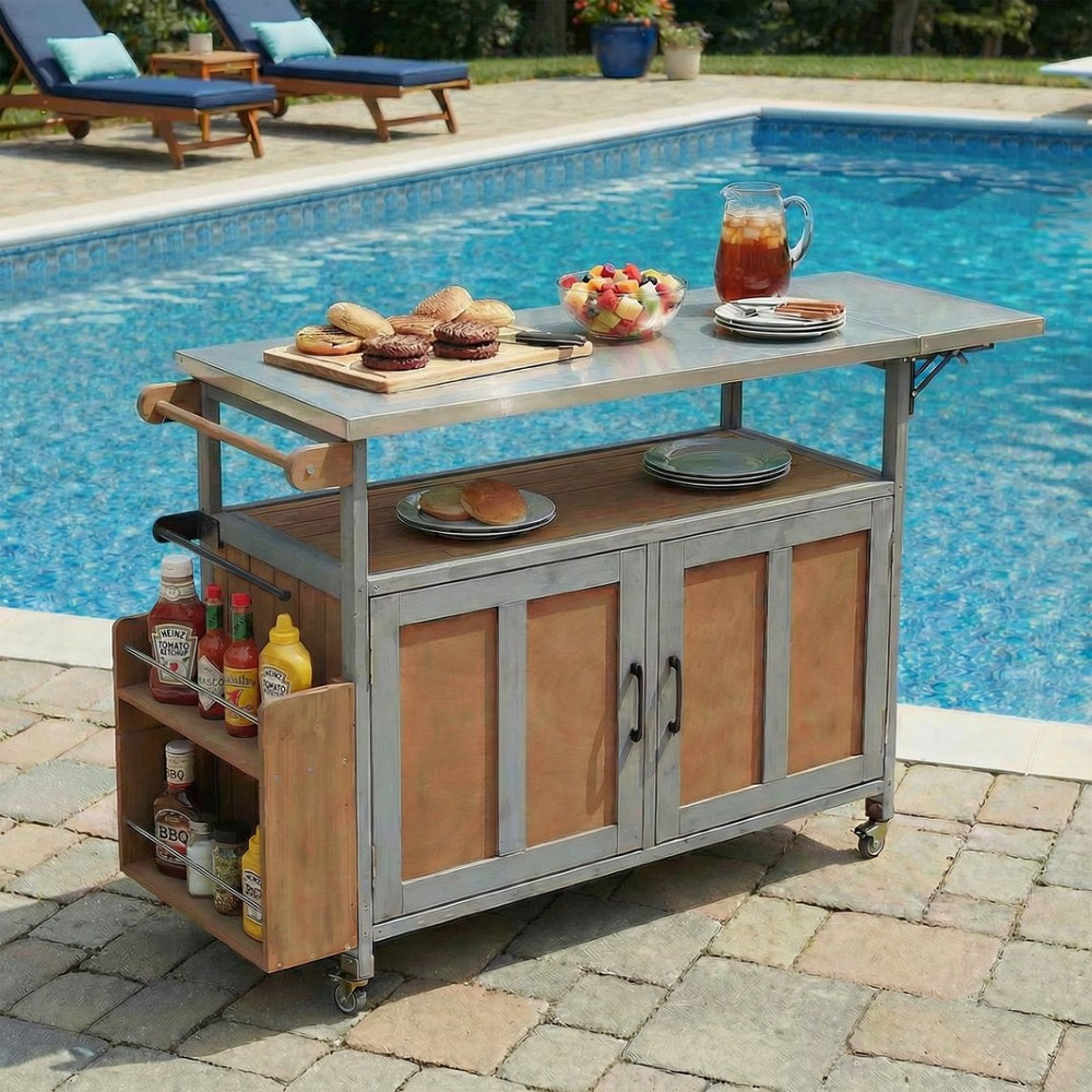 English Elm Foldable Outdoor Kitchen Cart with Stainless Worktop Fir Wood Frame and Lockable Wheels Espresso,Grey N719P380279Z