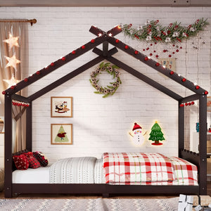 English Elm Twin House Frame Floor Bed Solid Pine Kids Room Montessori Low Profile Play Nook Espresso W1580P387842