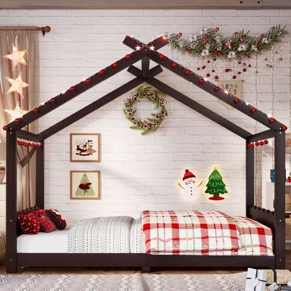 English Elm Twin House Frame Floor Bed Solid Pine Kids Room Montessori Low Profile Play Nook Espresso W1580P387842