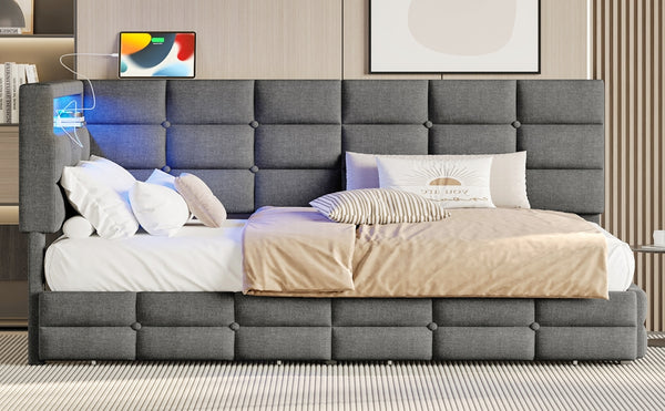 English Elm Upholstered Twin Daybed with 2 Under-Bed Drawers, Headboard Storage, USB-C Charging & LED Lights Gray 41.31 L x 21.42 W x 13.37 H N733P285121E