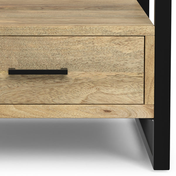 English Elm Riverside Handcrafted Mango Wood Bedside Table with Black Metal Frame, Drawer & Open Storage — Natural Finish B136P203433