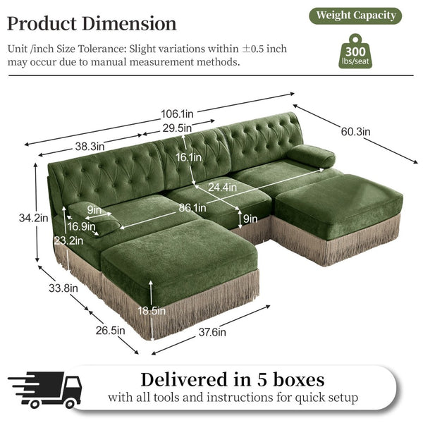 English Elm U Shaped Velvet Chesterfield Sectional with Tufting Tassel Fringe Skirt Modular Living Room Sofa Green W714S01708