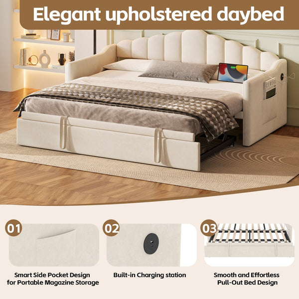 English Elm Upholstered Twin Daybed with Pop-Up Trundle, Built-In USB Type-C Charger, Side Pockets, Velvet Frame Beige 77.25 L x 17.25 W x 5.31 H N733S285118A