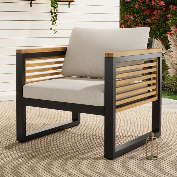 English Elm Outdoor Acacia Wood Armrest Iron Frame High Back Patio Chair with Cushions N757P238856B