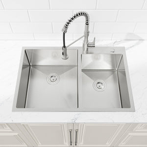 English Elm 33"x19" Handcrafted Stainless Steel Double Bowl Overmount Kitchen Sink Satin Finish T3177P296190