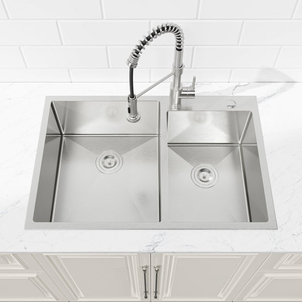 English Elm 33"x19" Handcrafted Stainless Steel Double Bowl Overmount Kitchen Sink Satin Finish T3177P296190
