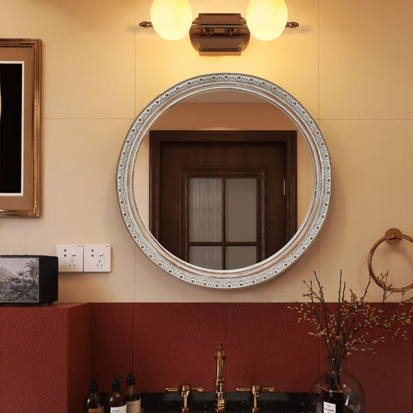 English Elm Round Rattan Textured Wall Mirror Natural Woven Frame Bohemian Accent for Any Room W2295P414104