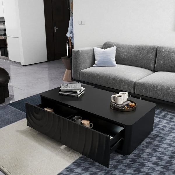 English Elm 47'' Spiral Grain Coffee Table Two Drawer Storage Mid Century Farmhouse Living Room Black W2263P412382