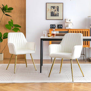 English Elm Faux Leather Mid-Back Dining Chairs Set of 2 with Gold-Plated Legs, Removable Cushions, White Elegance W3394P329169