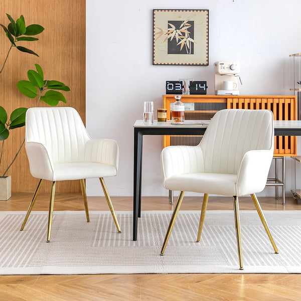 English Elm Faux Leather Mid-Back Dining Chairs Set of 2 with Gold-Plated Legs, Removable Cushions, White Elegance W3394P329169