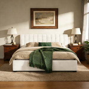 English Elm King Linen Upholstered Bed Curved Headboard Soft Pack Rubberwood Legs Neutral Bedroom N757K374304I