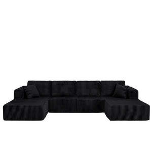 English Elm U-shaped Modular Corduroy Sectional Sofa Sleeper Spacious Living Room Lounge Couch Black W487S00426