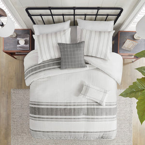 English Elm 5 Piece Cotton Jacquard Duvet Set - Elegant White/Grey Full/Queen, Hypoallergenic, Machine Washable B035129123