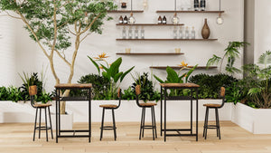 English Elm Bar bar table set with 2 rustic brown stools and backrests, sturdy iron & particleboard, 300/350lbs capacity W57868881