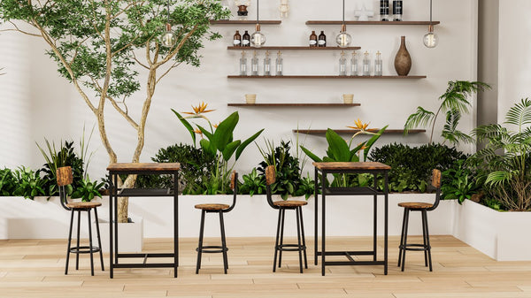 English Elm Bar bar table set with 2 rustic brown stools and backrests, sturdy iron & particleboard, 300/350lbs capacity W57868881