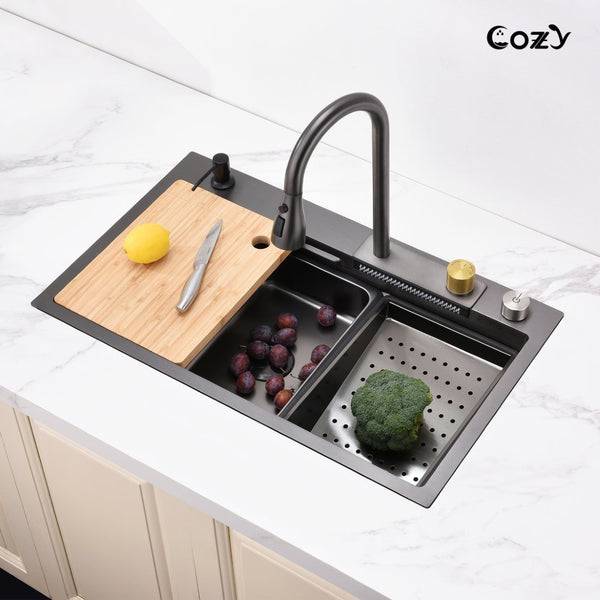 English Elm Waterfall Pull-out Faucet Workstation Sink Matte Black 304 Stainless Steel Prep Basin T3177P286040