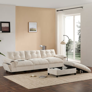 English Elm 104*60" Sectional Sofa with Hidden Ottoman Storage, Tufted Chenille, USB Ports, Cup Holder Beige N723S9806A