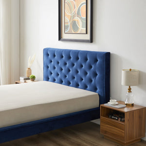 English Elm Ashcroft Furniture - Dillon Elegant Blue Velvet Platform Bed - Mid-Century Modern Design With No-Box-Spring Required B183S00080
