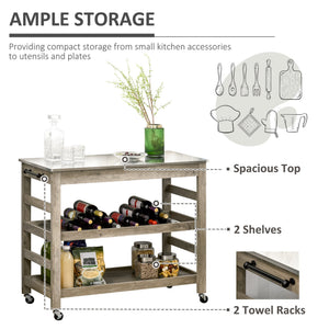 English Elm HOMCOM Mobile Kitchen Cart with Stainless Steel Top, Slotted Middle Shelf, Towel Handles & Wheels W2225P173898