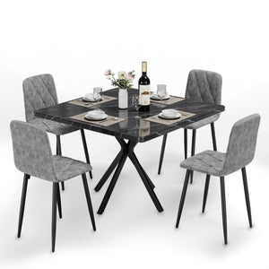 English Elm Square MDF Dining Set for 4 with Faux Marble Top, Mid-Century Modern Iron Legs, Easy-Clean Surface Black+Grey W578S00026