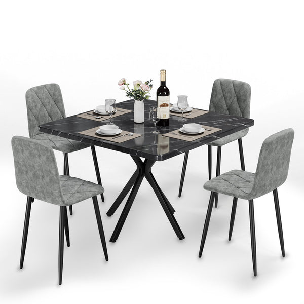 English Elm Square MDF Dining Set for 4 with Faux Marble Top, Mid-Century Modern Iron Legs, Easy-Clean Surface Black+Grey W578S00026