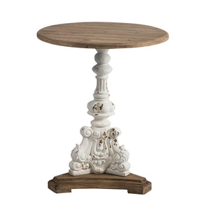 English Elm D26x31" Antique White Round Side Table with Carved Floral Pedestal, Fir Wood Vintage Elegance W2078P410106