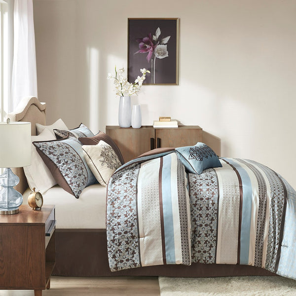 English Elm 7 Piece Comforter Set - Luxurious Blue Cal King Ensemble With Geometric & Damask Prints, Easy Care B03597163