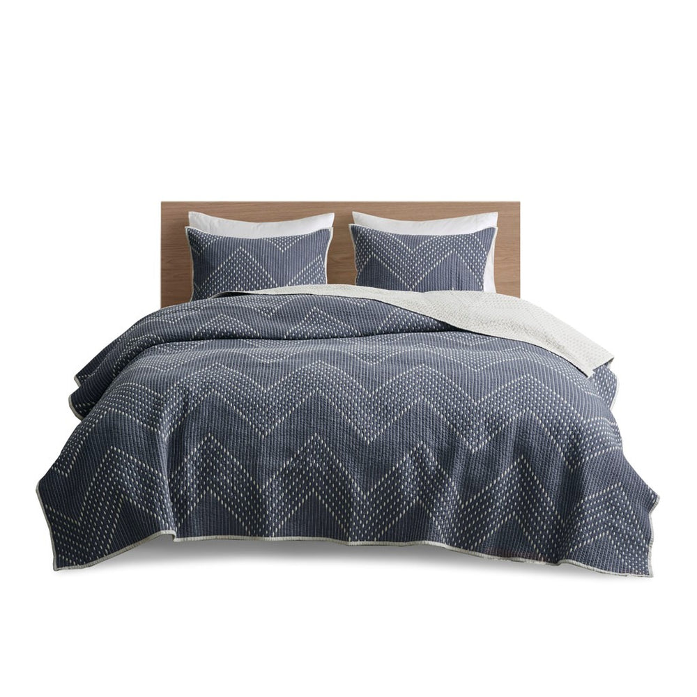 English Elm 3 Pomona Embroidered Cotton Quilt Set Navy King/Cal King – Chevron Taupe Reverse, Antimicrobial, Cozy Modern Bedding B03596540