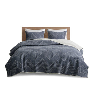 English Elm 3 Pomona Embroidered Cotton Quilt Set Navy King/Cal King – Chevron Taupe Reverse, Antimicrobial, Cozy Modern Bedding B03596540